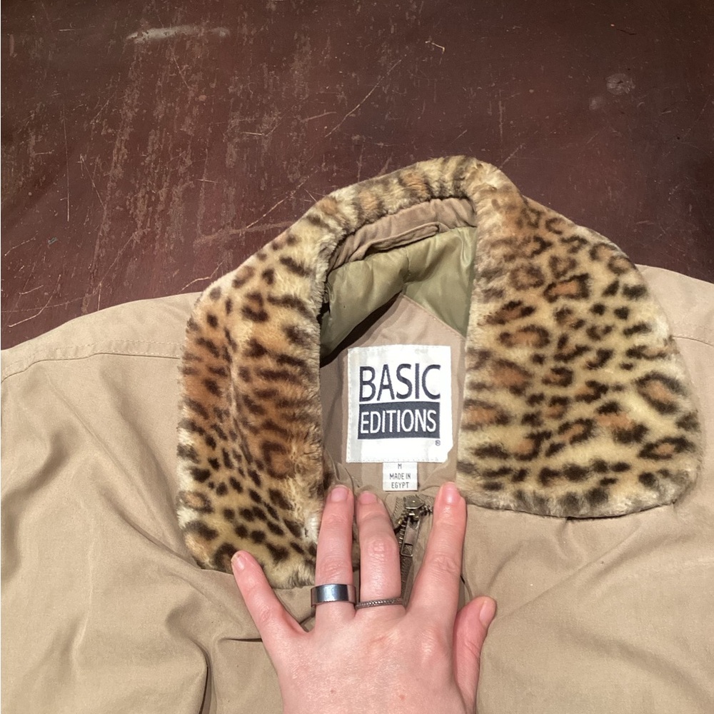 Basic Editions Tan Utility Jacket with Leopard Pr… - image 2